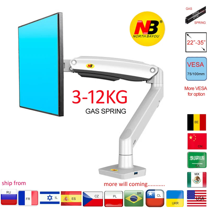 NEW F100A Gas Spring Arm 22-35 Inch Screen Monitor Holder 360 Rotate Tilt Swivel Desktop Monitor Mount Arm 2-13Kg USB3.0 Ports