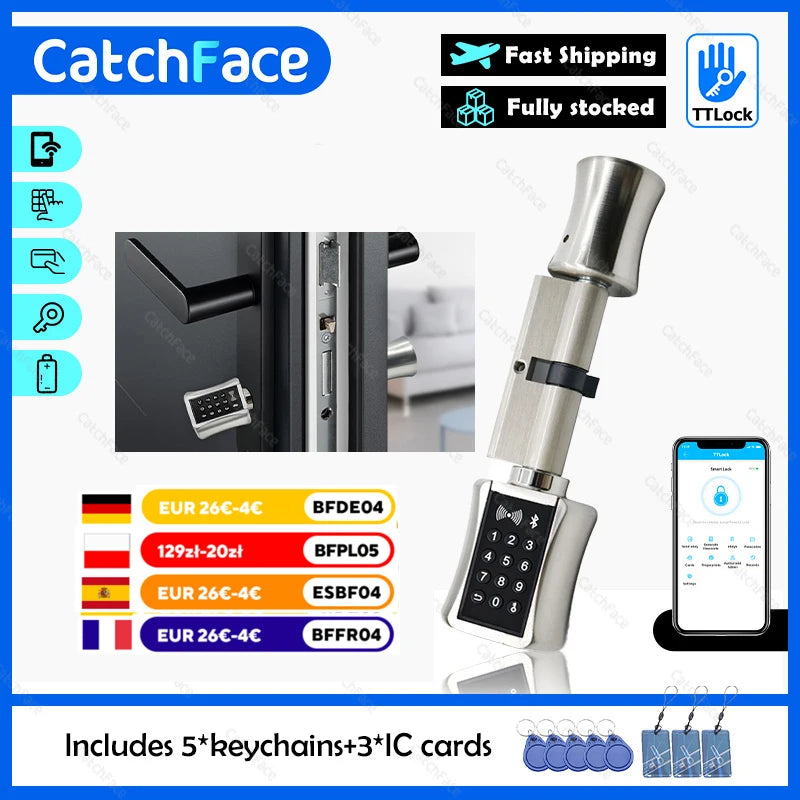 Ttlock Bluetooth Smart Cylinder Lock WIFI Security Wireless Electronic Digital APP Keypad Code RFID Card Keyless Lock